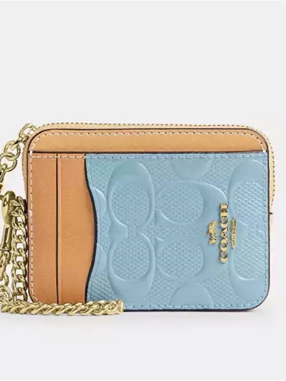 Coach Light Blue and Tan Zip Card Case with Gold Chain - Picture 3 of 4